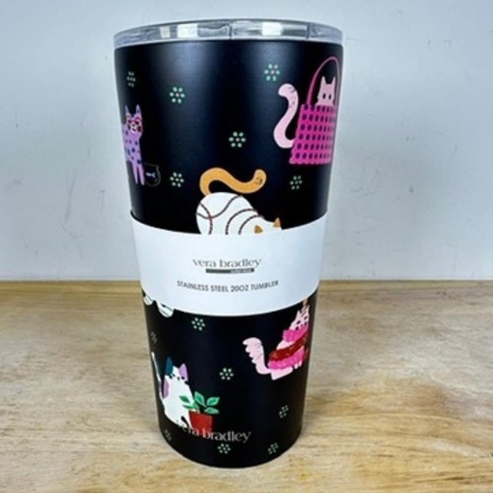 Vera Bradley Herding Cats Tumbler 20oz Black Stainless Steel Travel Mug Kitty